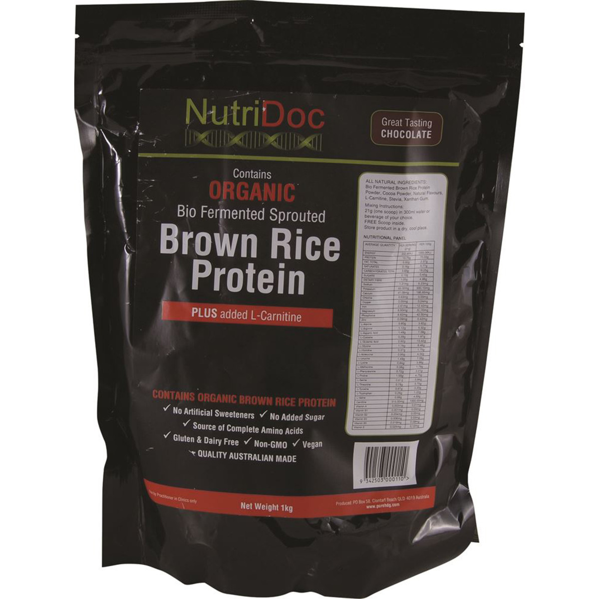 NUTRIDOC - Organic Bio-Fermented Sprouted Brown Rice Protein Chocolate 1kg