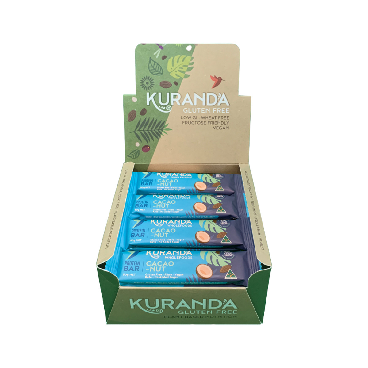 KURANDA - WHOLEFOODS Gluten Free Protein Bars Cacao Nut 50g Display