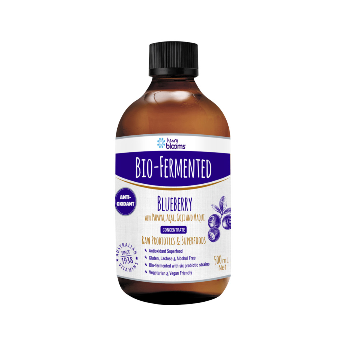 HENRY BLOOMS - Bio-Fermented Blueberry Concentrate (with Papaya, Acai, Goji & Maqui) 500ml
