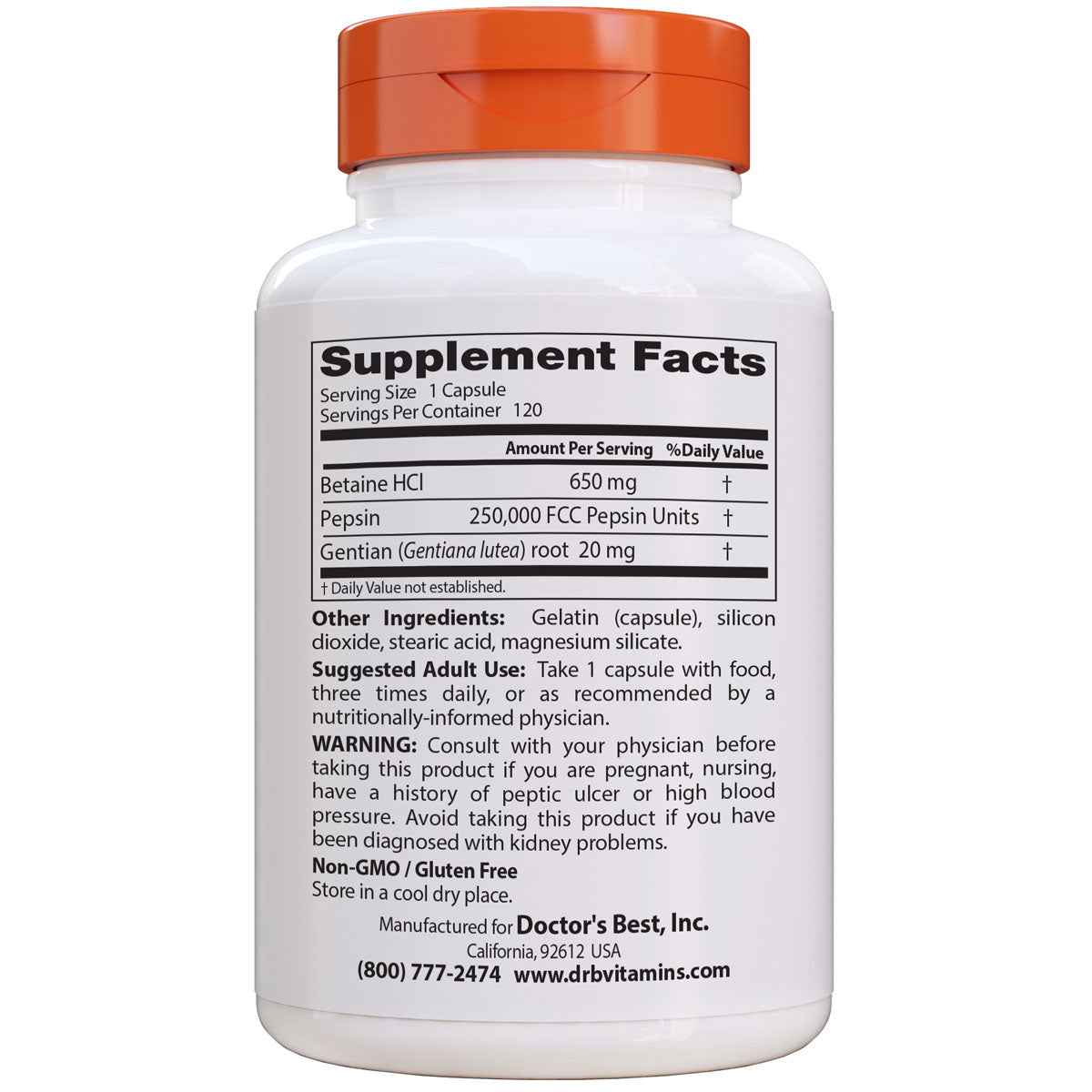 Doctor's Best - Betaine HCI Pepsin & Gentian Bitters 120c