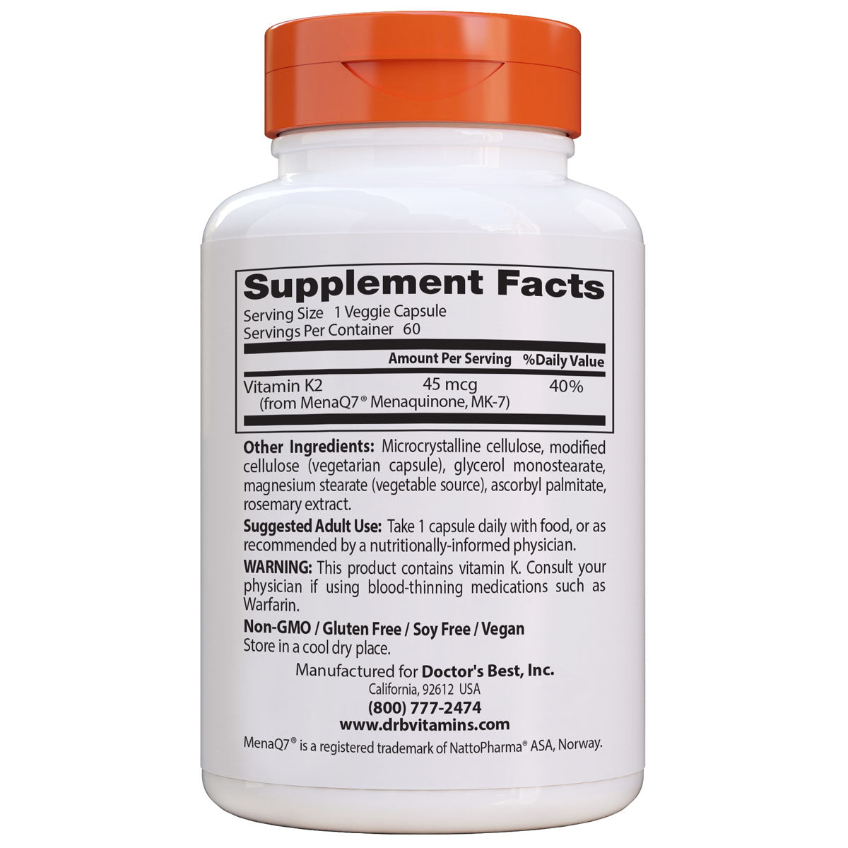 Doctor's Best - Natural Vitamin K2 MK-7 with MenaQ7® (45mcg) 60vc